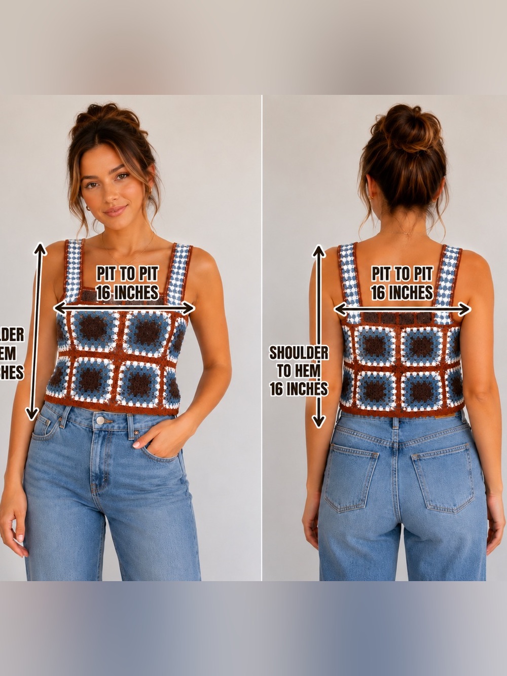Boho Crochet Granny Square-Panel Crop Tank Top in Blue and Brown - GUC - Picture 2 of 4